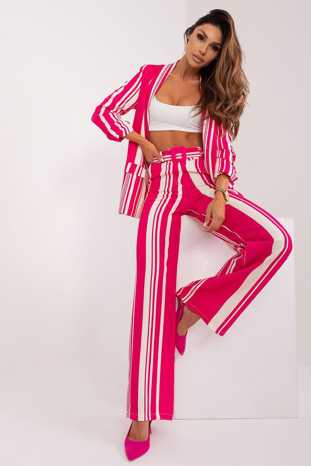 Women pink and white striped trousers with elastic waistband and wide-leg fit