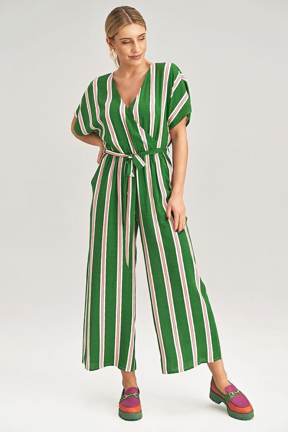 Green striped kimono jumpsuit with V-neck, tie belt, wide legs