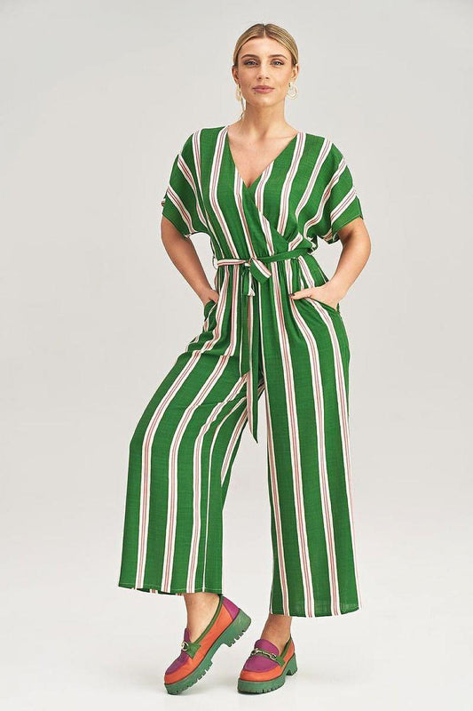 Green-and-white striped V-neck jumpsuit with tie belt and short sleeves, wide legs