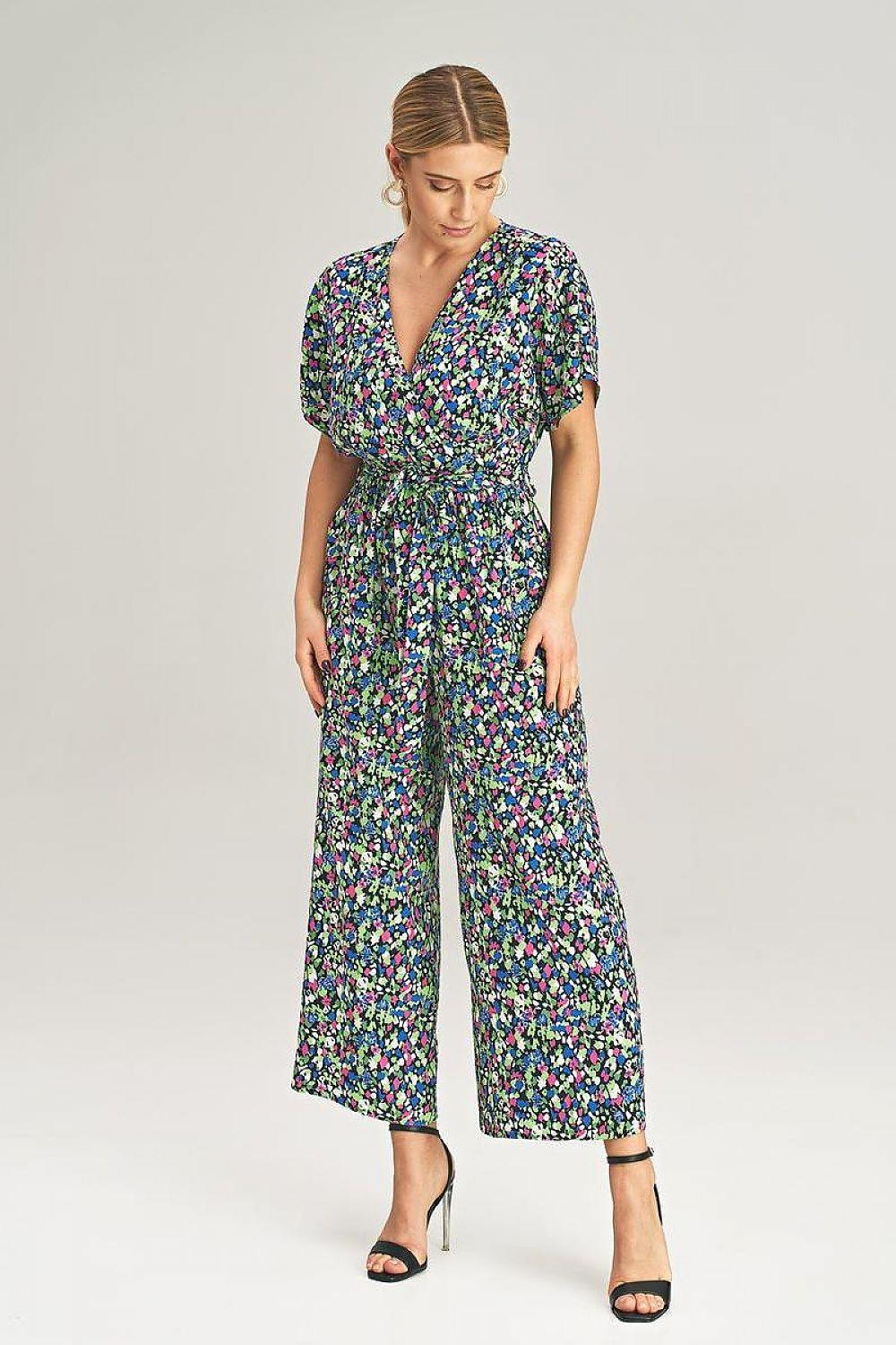 Women's multicolor floral V-neck jumpsuit with short sleeves and wide-leg pants