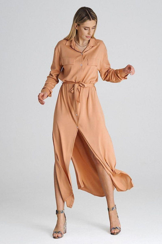 Orange button-front daydress with V-neck collar, long sleeves, tie waist belt, front slit