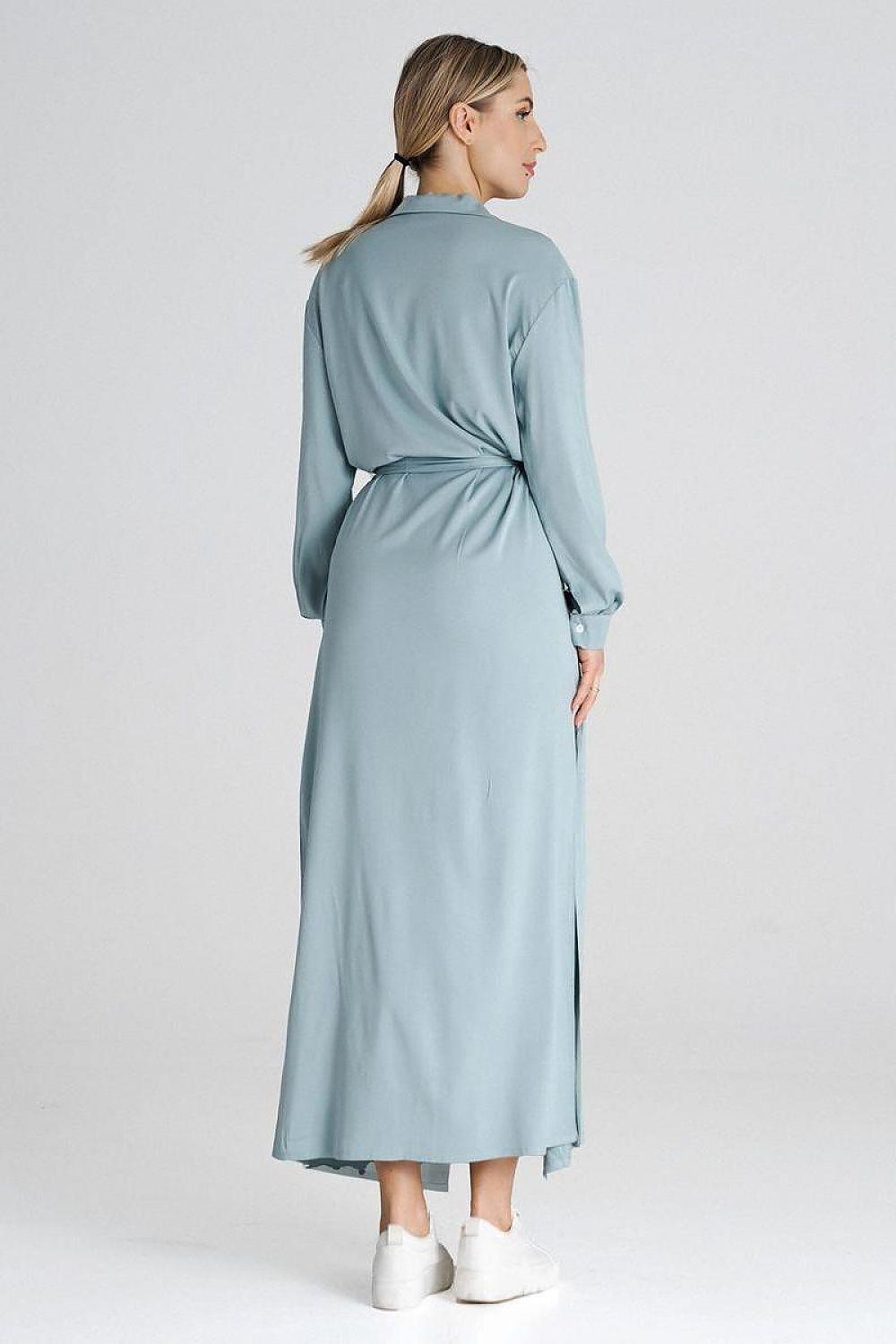 Light blue button-front daydress with long sleeves and tie waist, back view