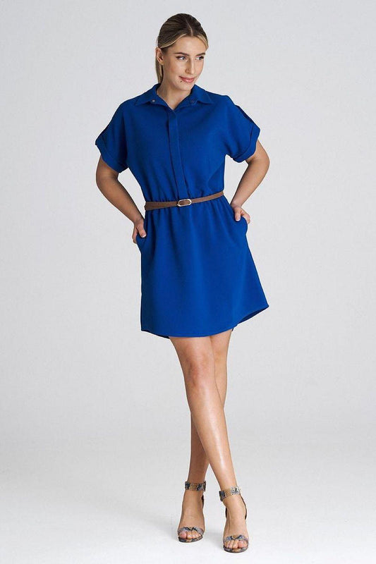 Blue collared day dress with short sleeves and waist belt, A-line above-knee length