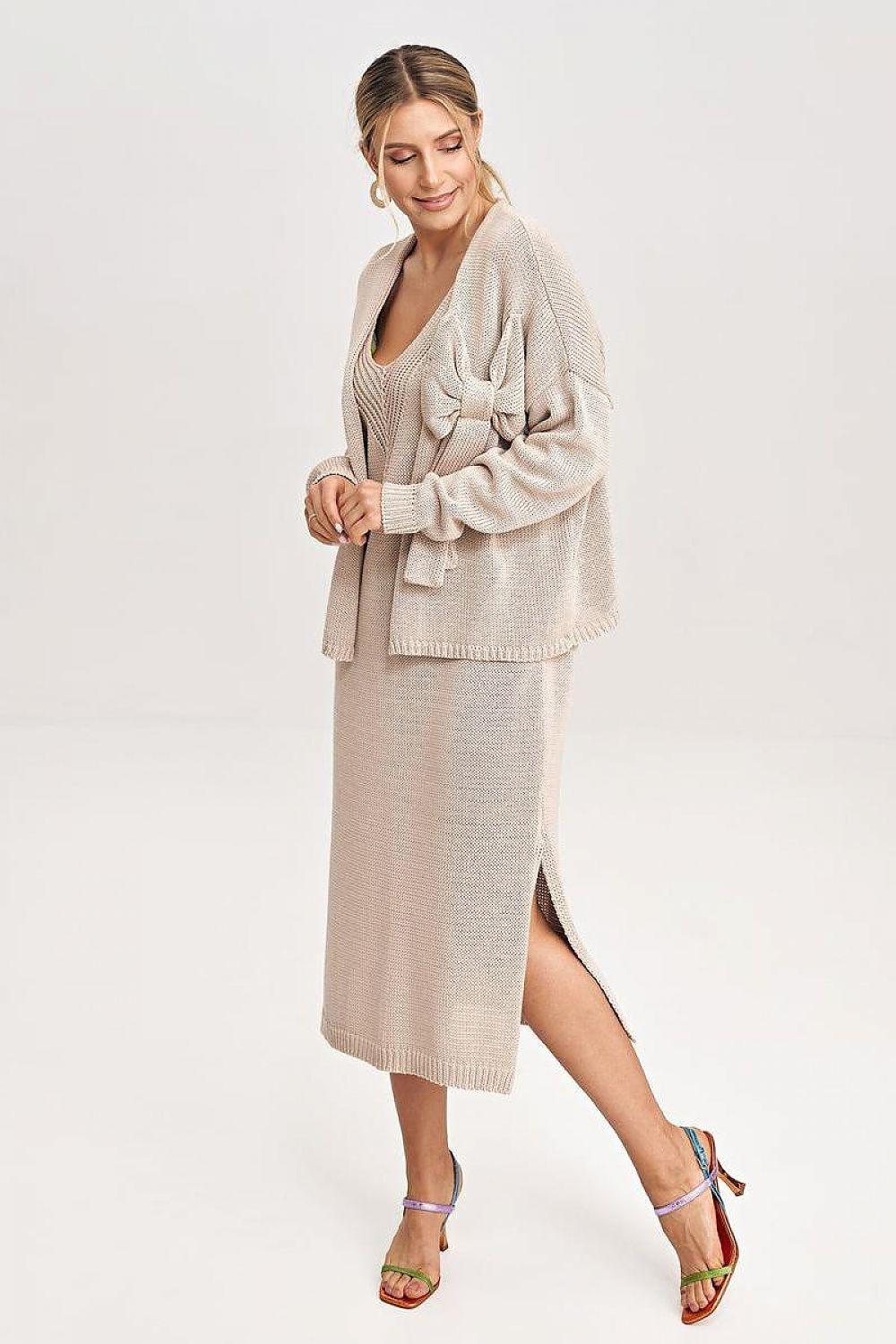Beige two-piece midi dress set: knit bow bolero and fitted skirt with side slit