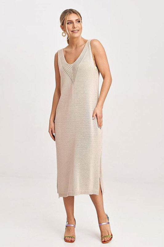 Figl beige knit set: sleeveless midi dress with V neckline and side slit