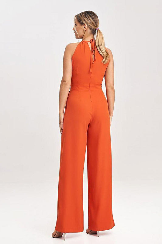 Orange sleeveless halter jumpsuit, open back detail, wide-leg pants