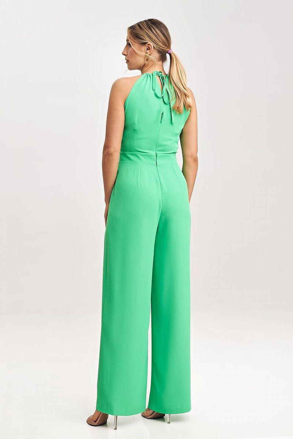 Figl green sleeveless halter jumpsuit, back view with wide-leg pants