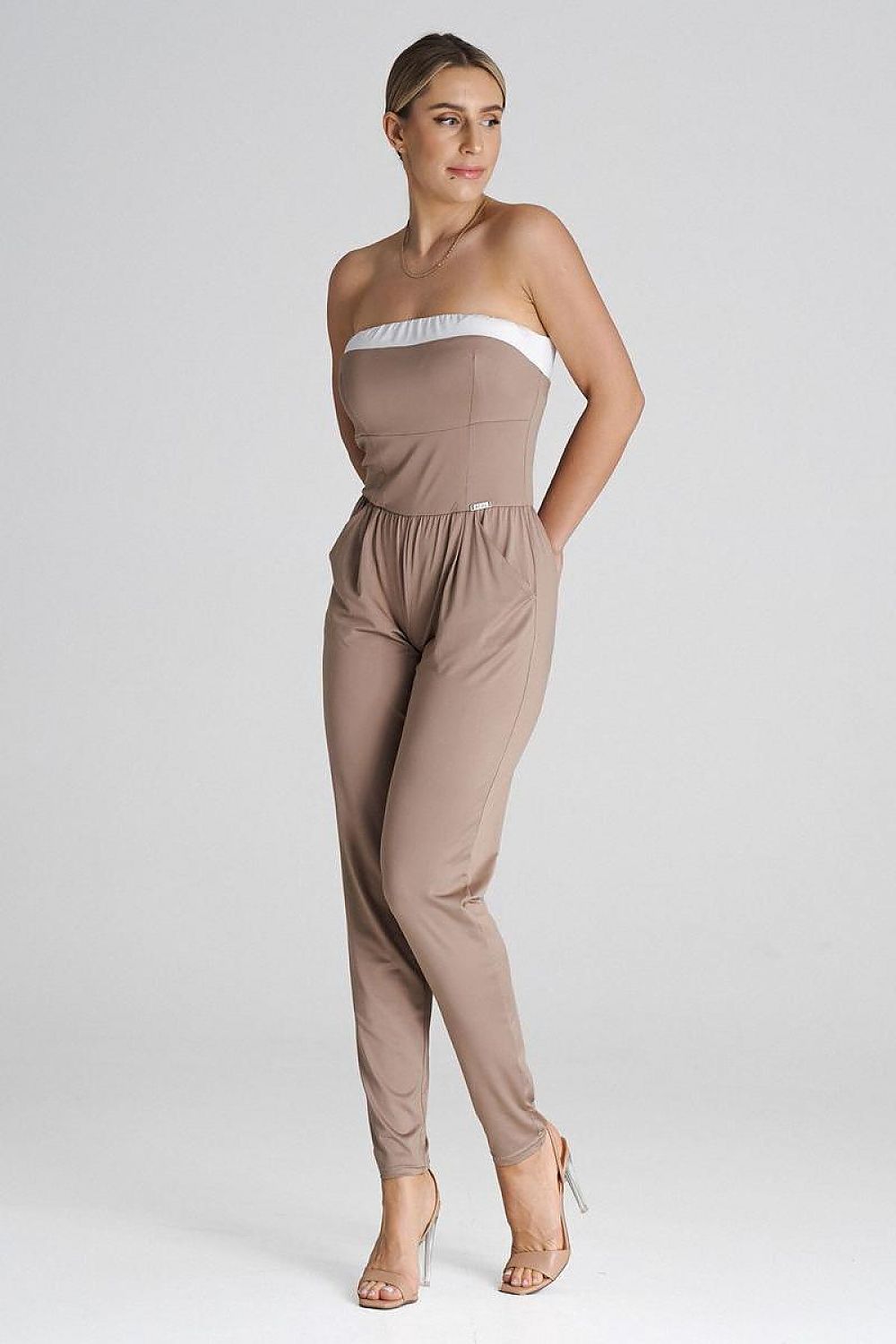 Beige strapless pleated jumpsuit with elastic waist and tapered legs