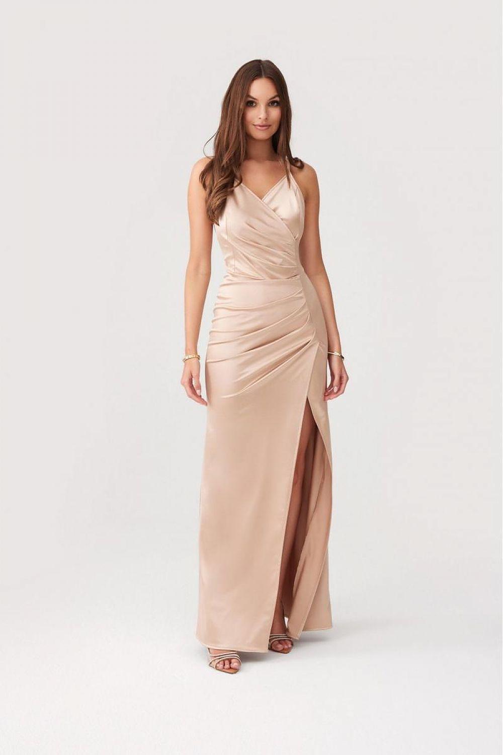 Beige draped long dress with spaghetti straps, V neckline, and floor-length slit