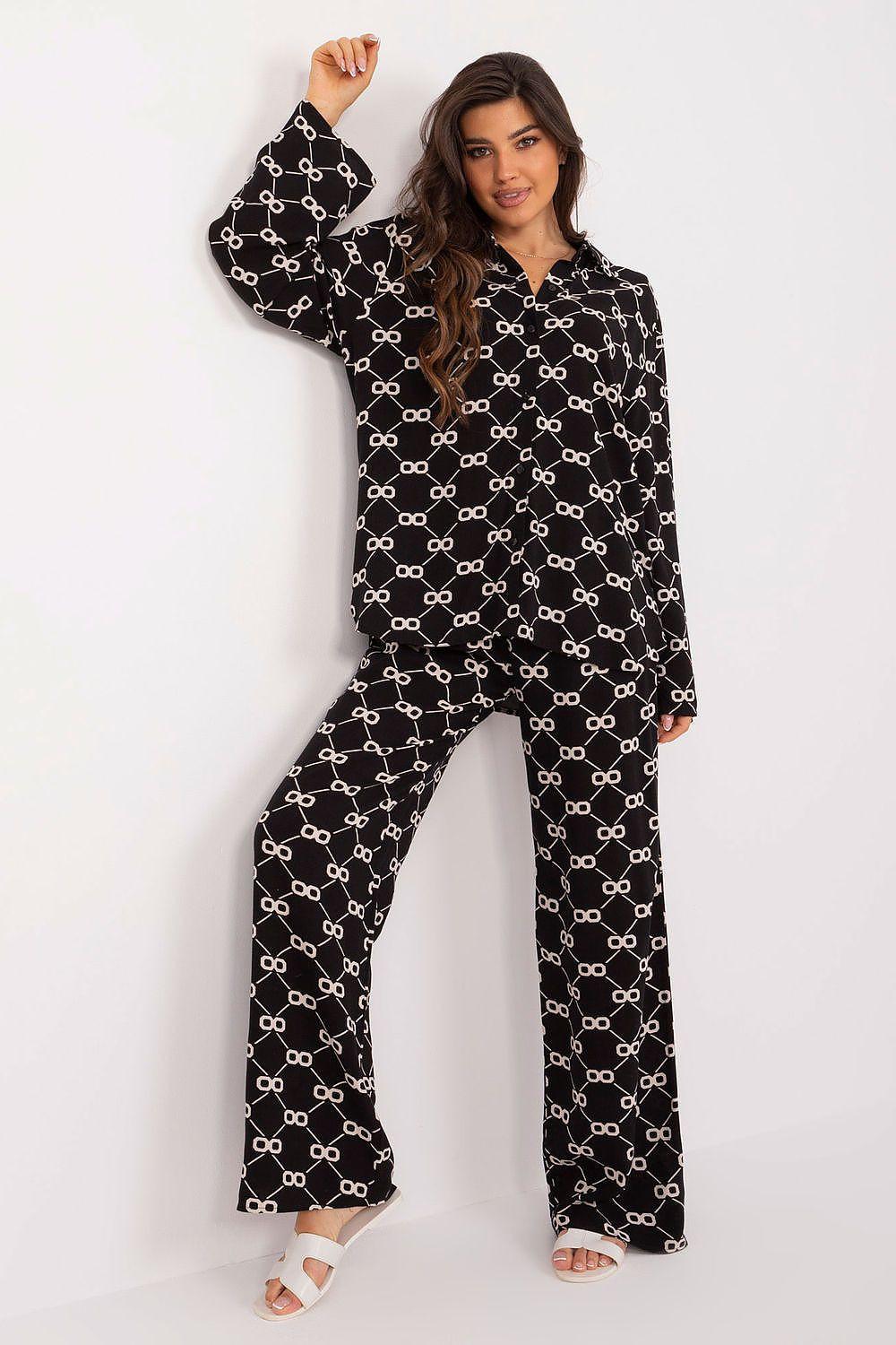 Women’s patterned shirt and pants set, black with white lattice-style prints