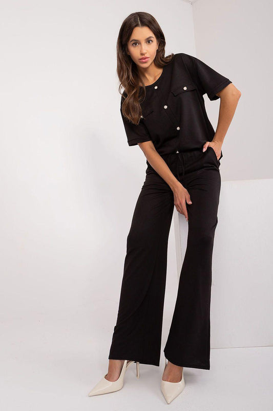 Black short-sleeve button-up top and wide-leg pants set with front buttons, relaxed fit
