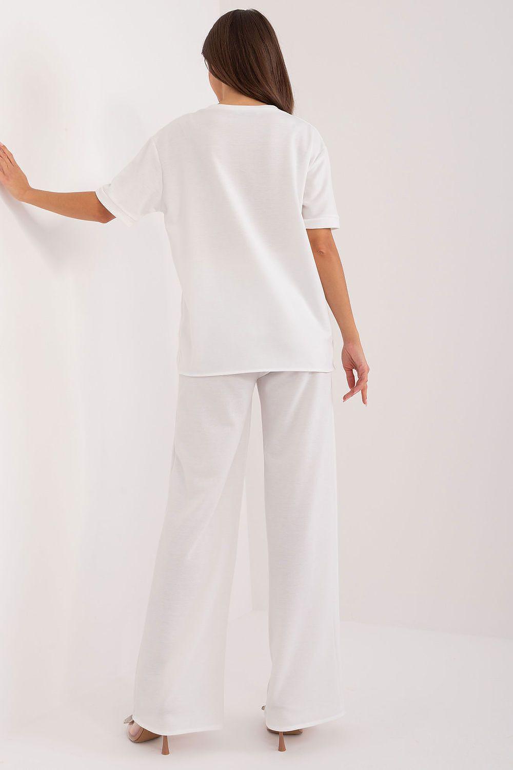 White two-piece set of short-sleeve top and wide-leg pants, back view, plain design
