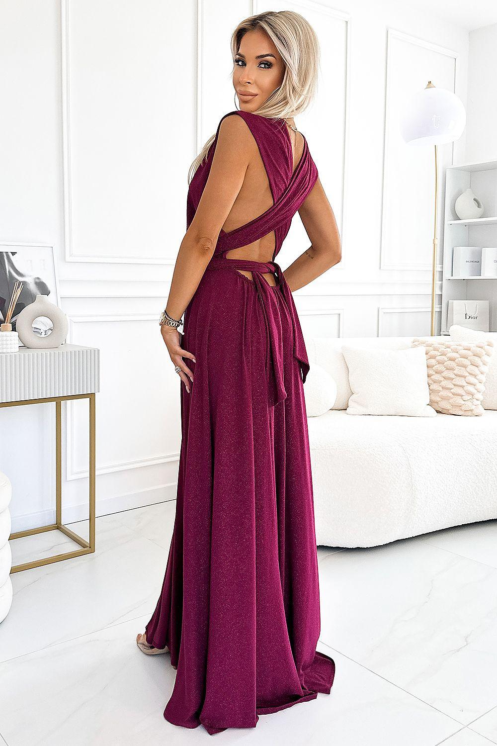 Burgundy long sleeveless wrap dress with crossback straps and open neckline