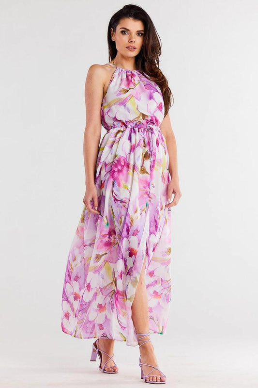 Violet floral sleeveless daydress with tied waist and flowing maxi skirt