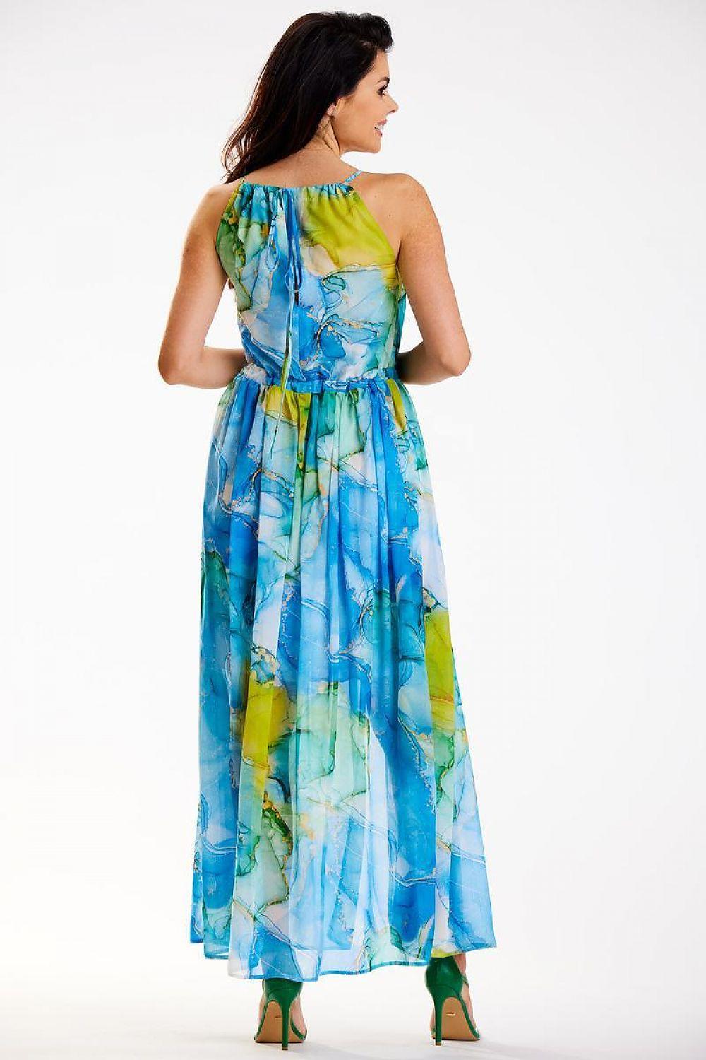 Printed sleeveless day dress in blue and yellow with tiered skirt