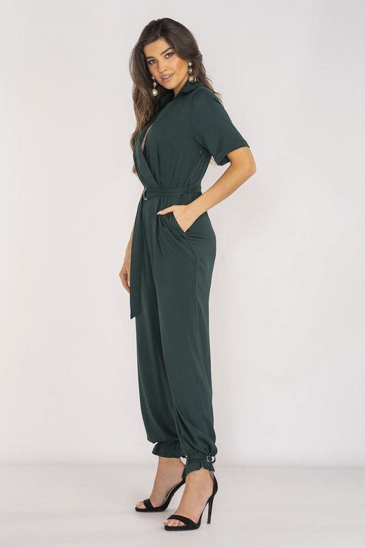 Green V-neck short-sleeve jumpsuit with tie belt and tapered, elastic ankle cuffs