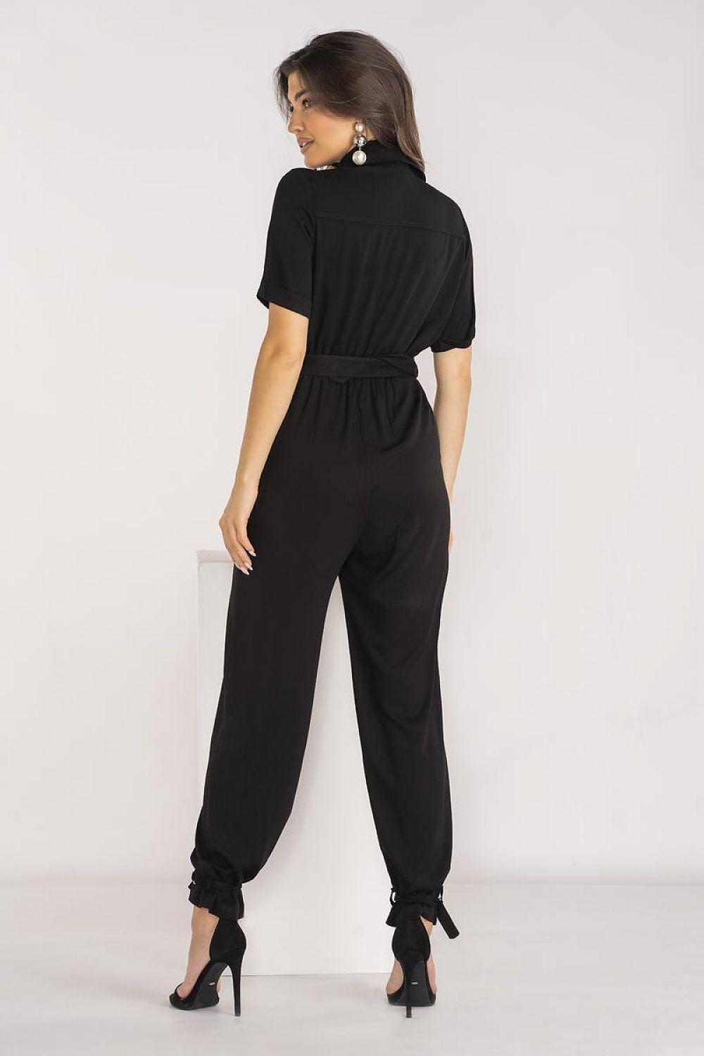 Black back view belted V-neck jumpsuit with cuffed tapered pant legs