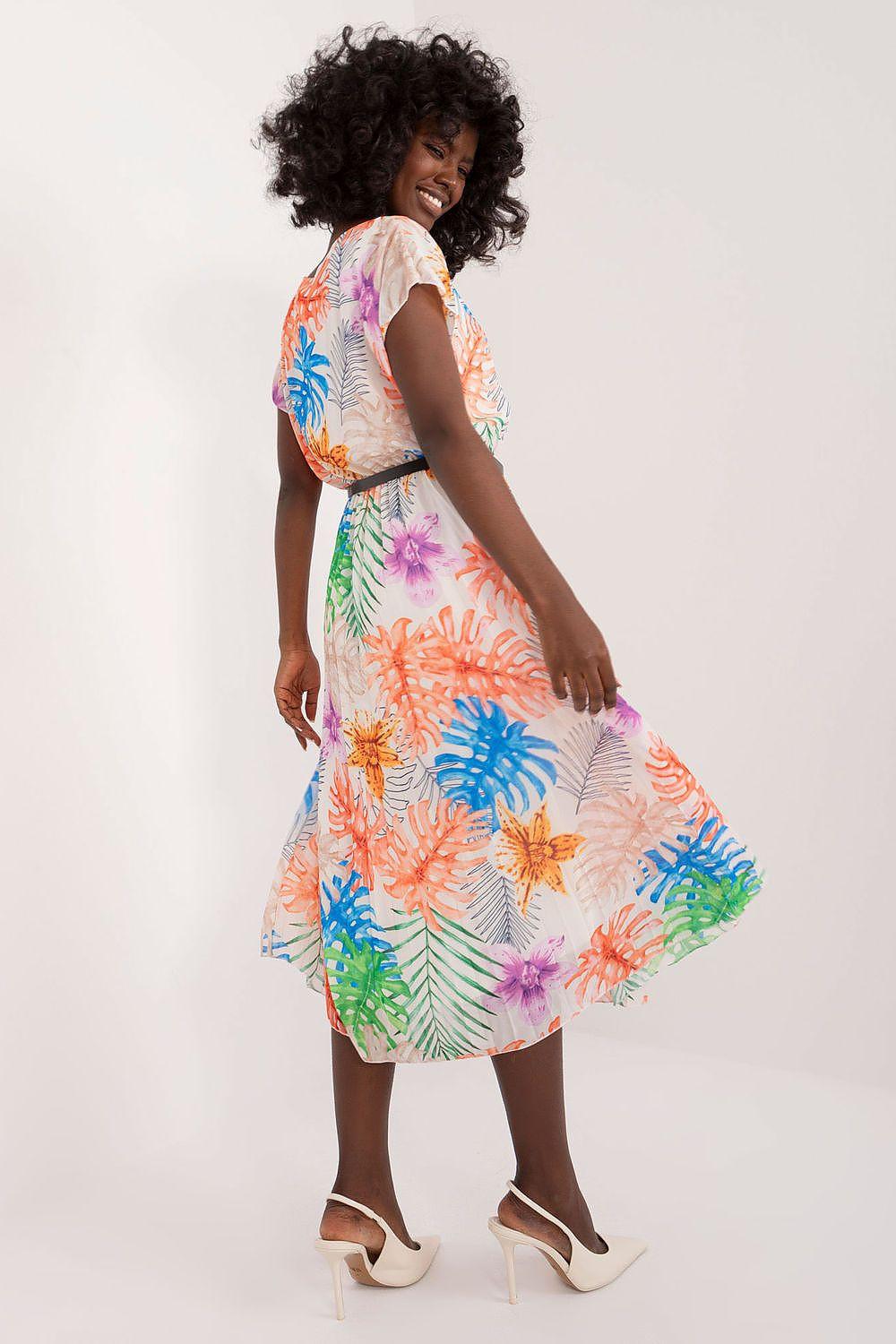 Multicolor tropical print midi dress with short sleeves and waist tie, side view