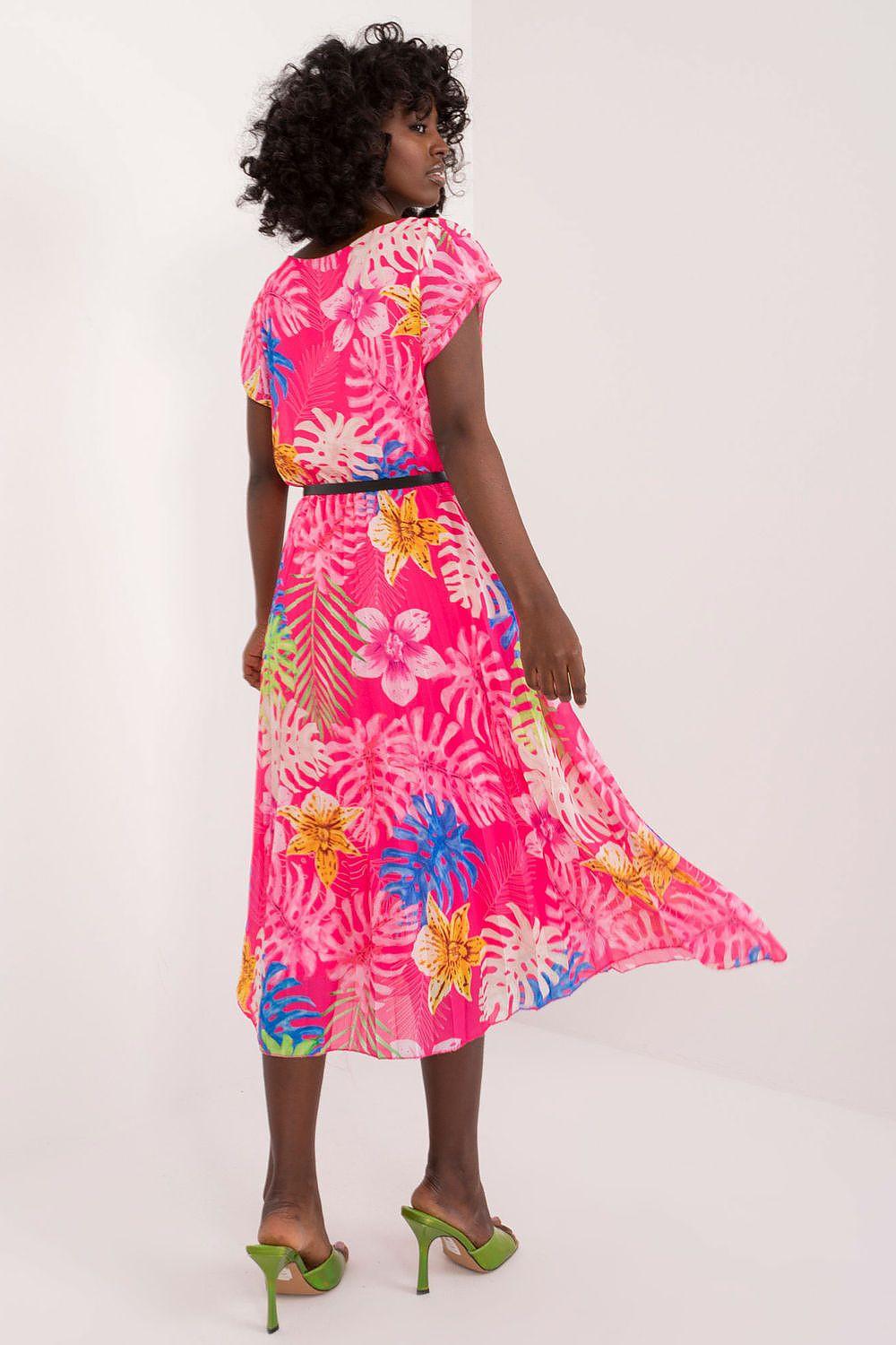 Italy Moda pleated cocktail dress in pink floral print with black belt detail, side view