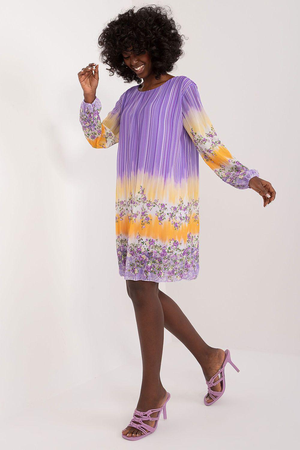 Violet daydress with vertical stripes, yellow gradient and floral hem, long sleeves