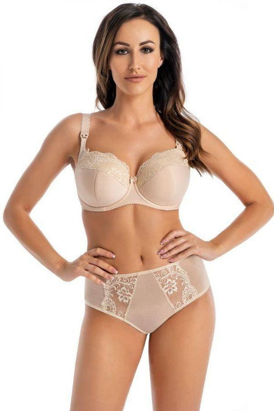 Beige nursing bra and briefs set with lace panels and underwire cups