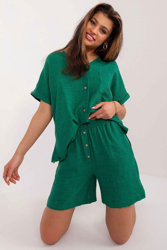 Green button-front shirt and matching shorts set with gathered waist detail