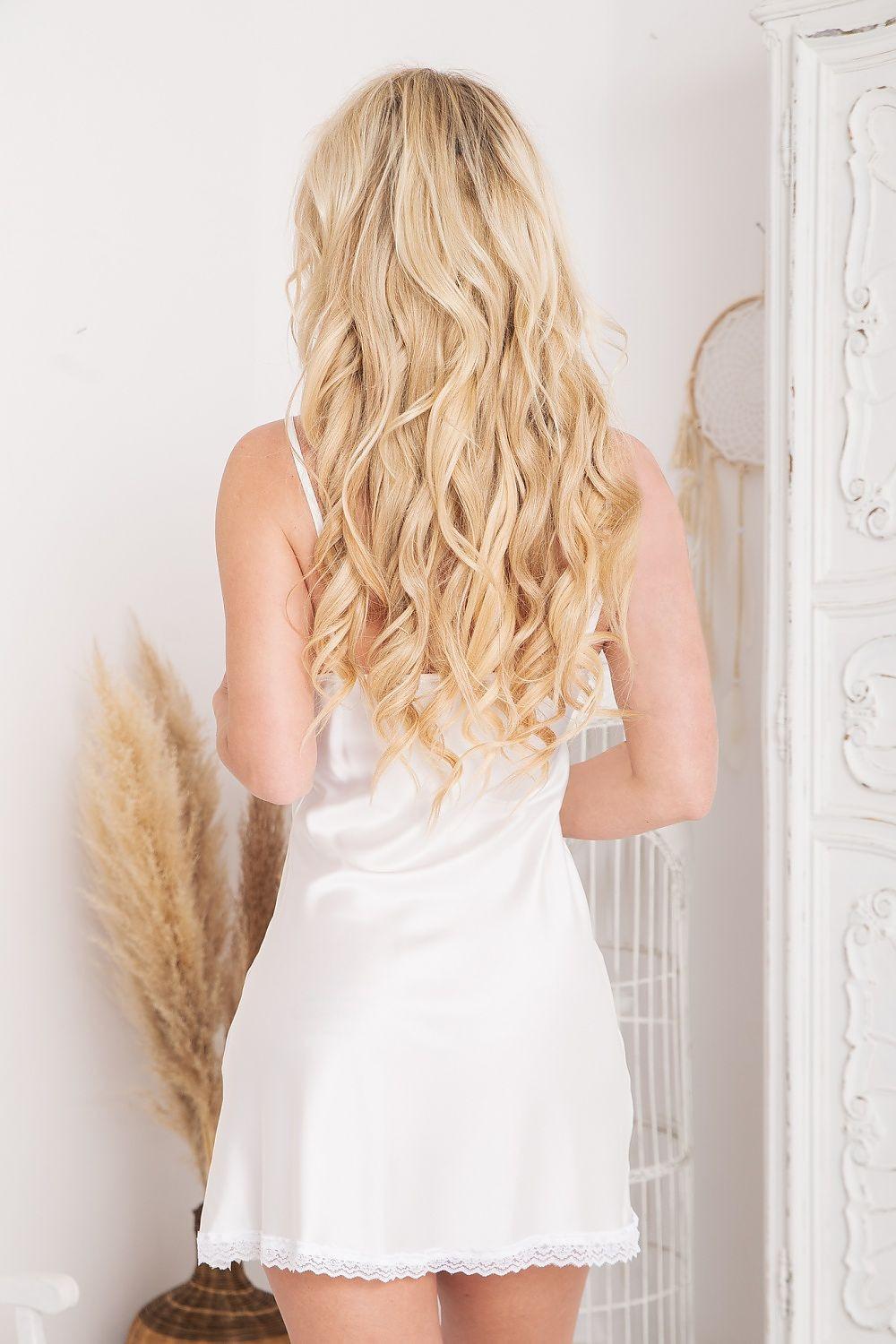 White sleeveless nightshirt with lace-trim hem and scalloped back neckline