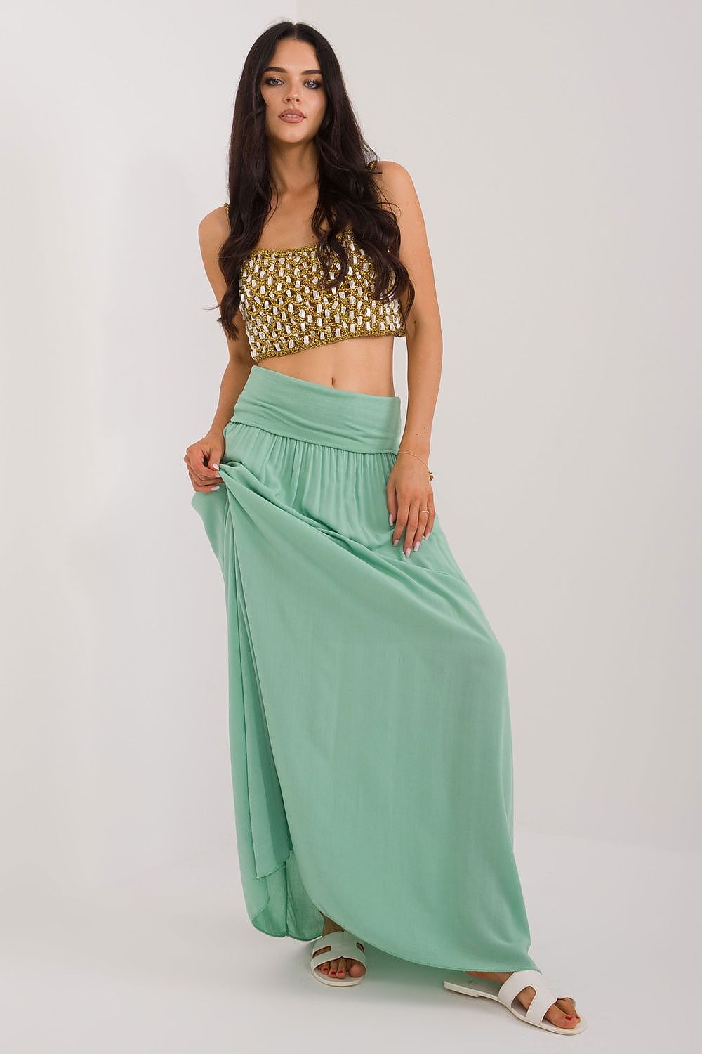 Green viscose maxi skirt with elastic high waist and flowing drape