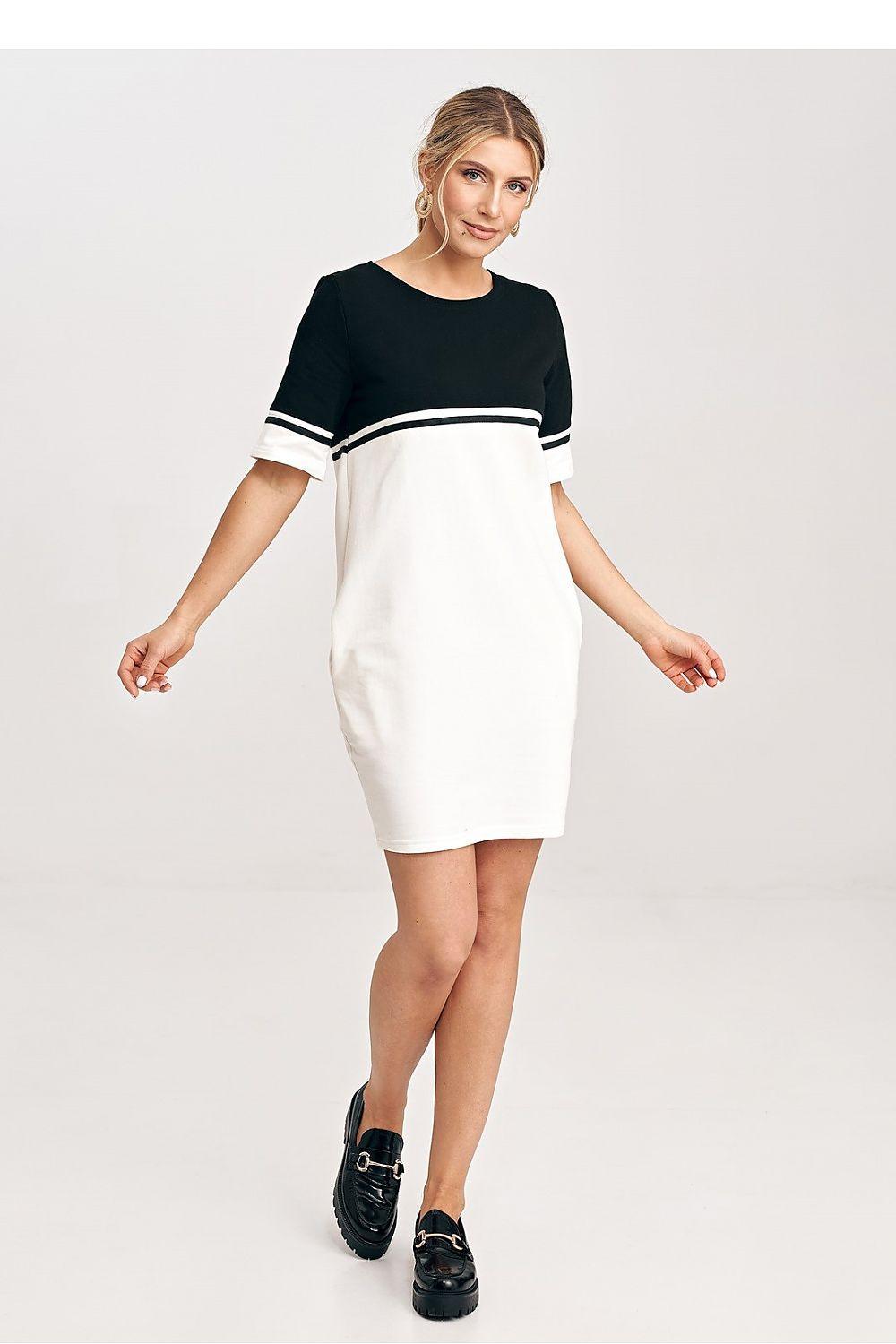 Figl Daydress model 198485: black and white short-sleeve daydress with contrast striped trim