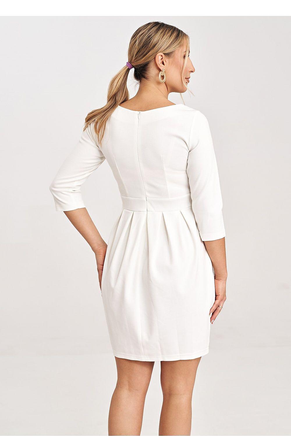 Figl daydress back view with 3/4 sleeves and gathered waist, above-knee length, light beige