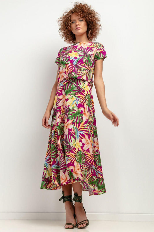 Multicolor tropical print midi skirt with gathered waist and flared hem
