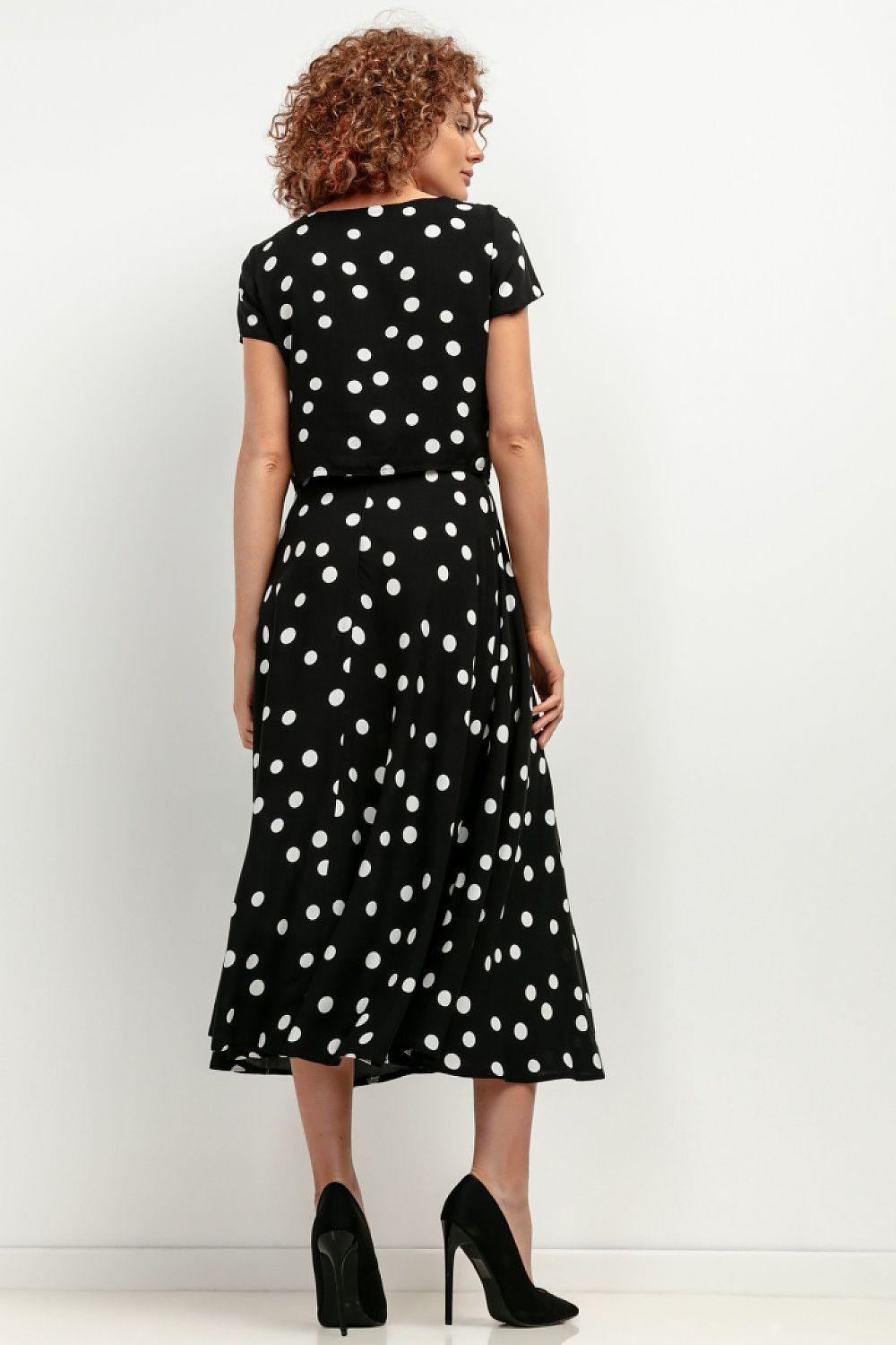 Polka-dot midi skirt, black with white spots, A-line pleated back view