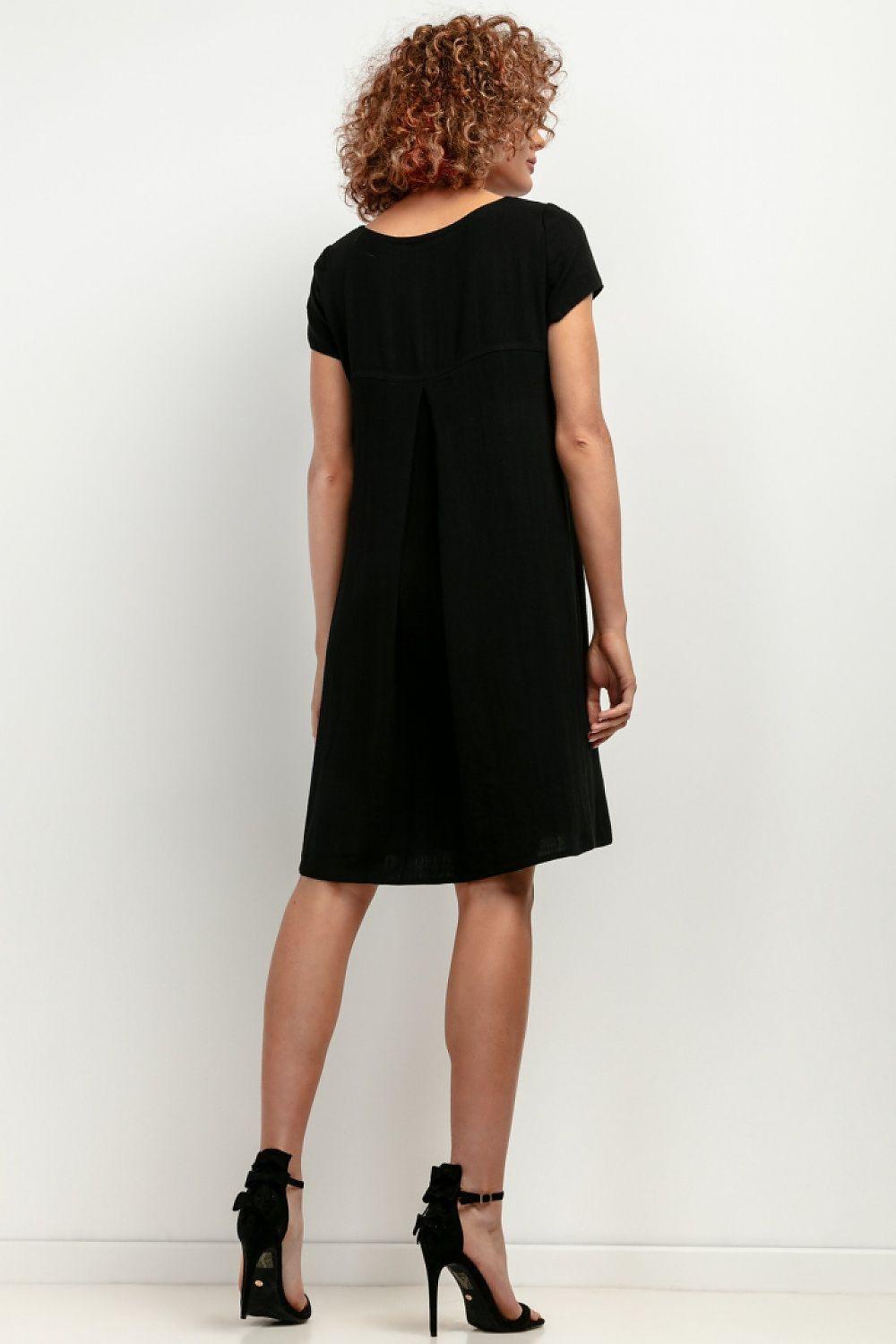 Black daydress back view with short sleeves, above-knee hem, straight silhouette