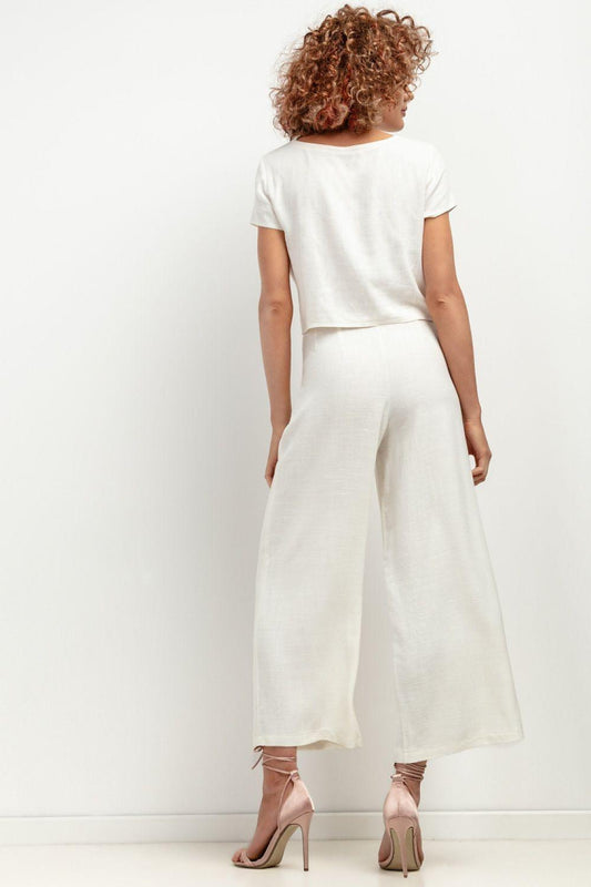 White wide-leg cropped trousers, back view, with relaxed straight legs and ankle hems.