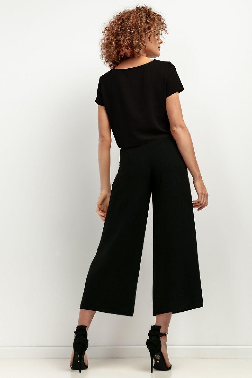 Women’s black wide-leg trousers with flared cropped legs and wide fit