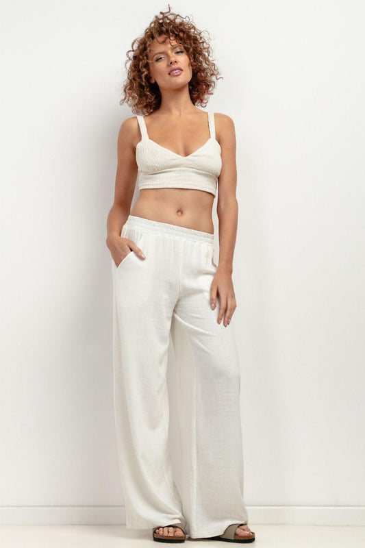 Women’s wide-leg trousers, white, V-shaped elastic waistband, full length