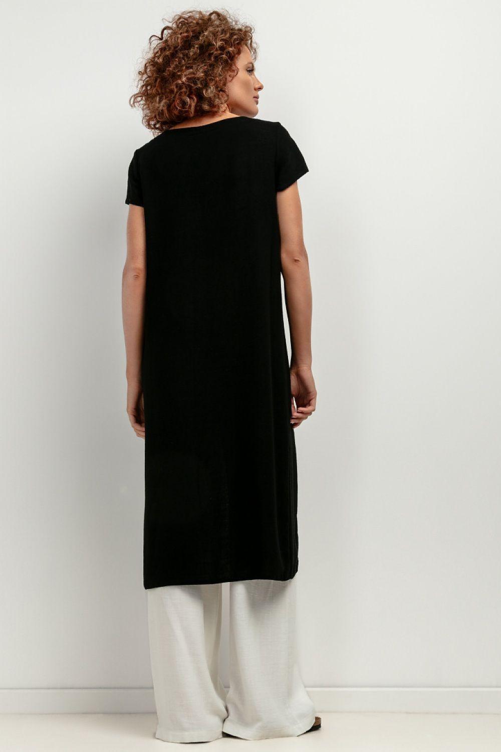 Black asymmetric tunic dress with short sleeves and long side slit; back view.