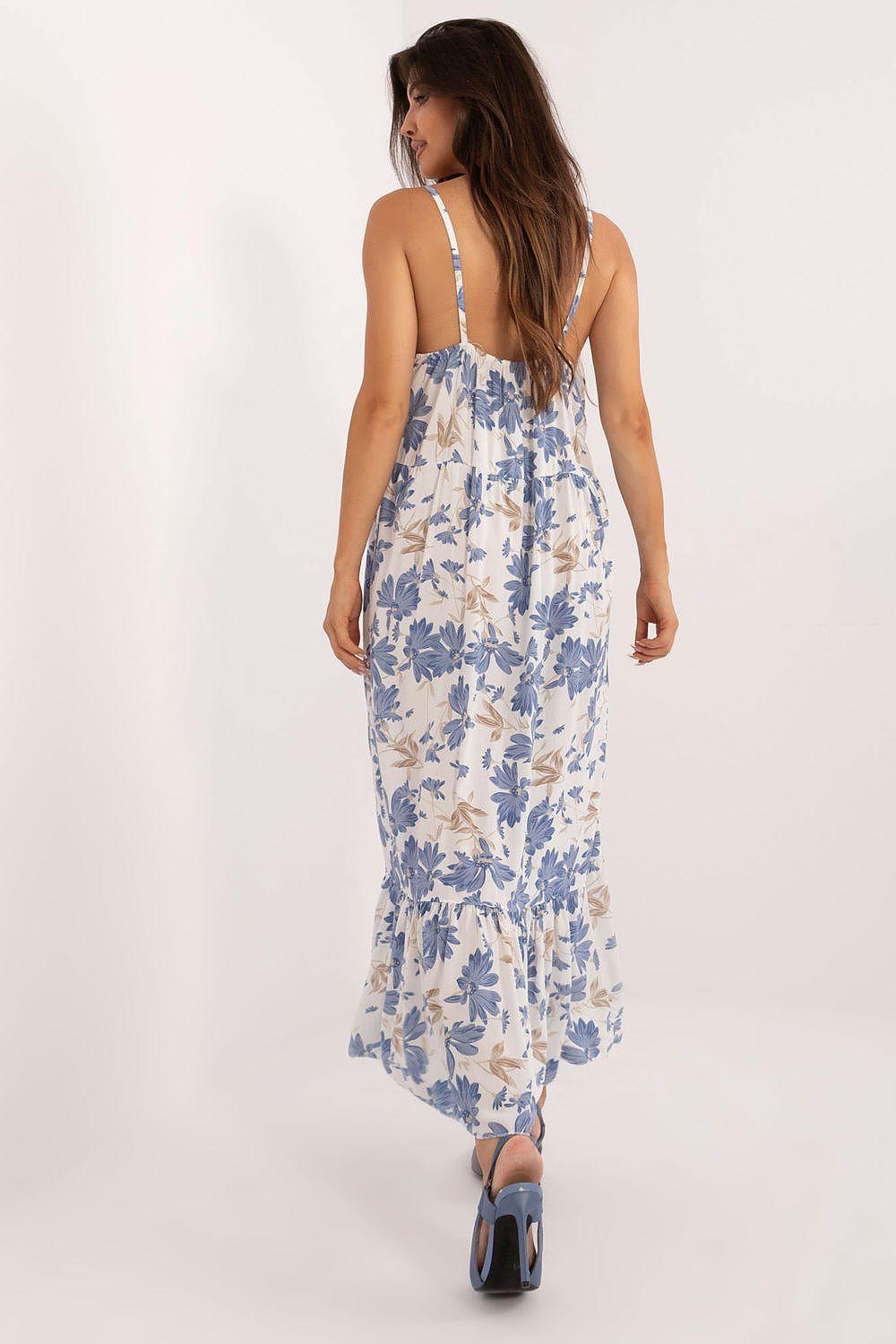 Blue floral daydress with spaghetti straps, open back and tiered midi skirt
