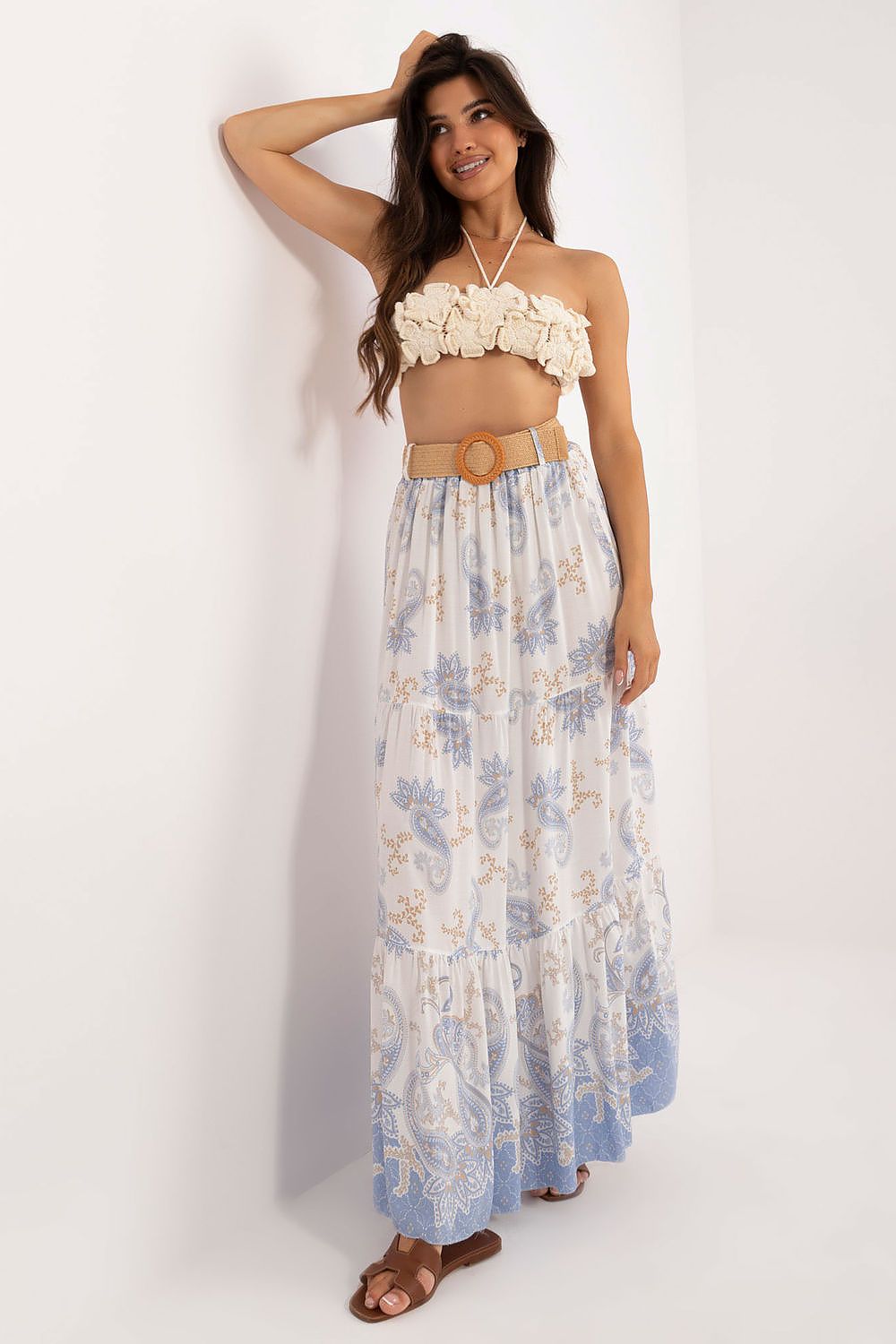 Blue paisley maxi skirt with tan belt at waist