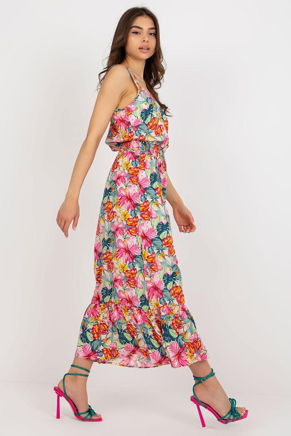Multicolor floral maxi daydress with V-neck, sleeveless straps, and tiered skirt