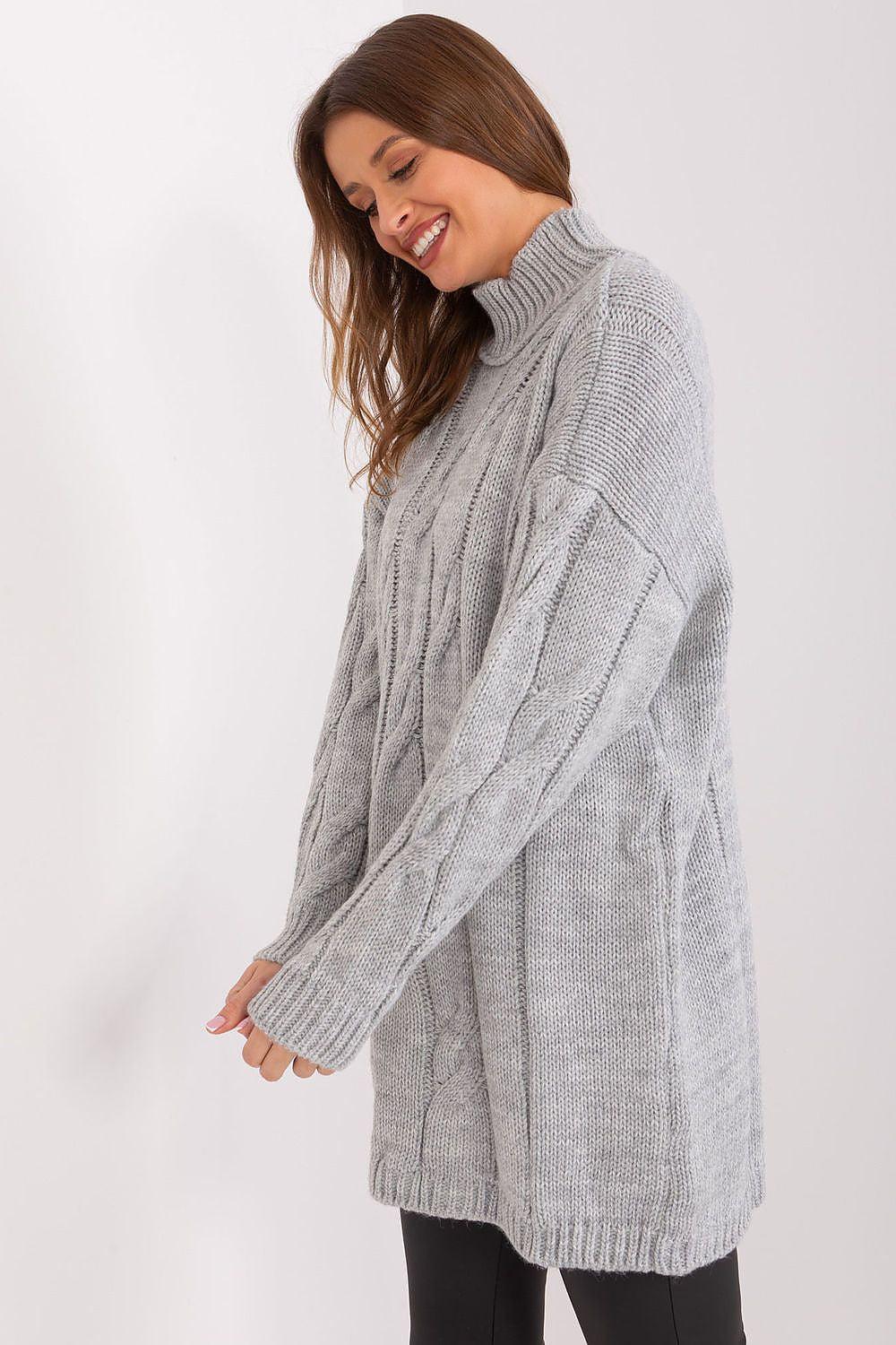 Grey cable-knit daydress with high neck, long sleeves and side-swept cables