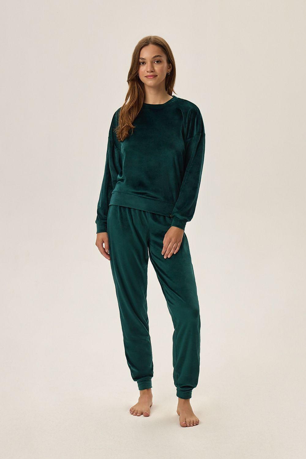 Dark green velvet tracksuit set, long-sleeve top and matching jogger pants