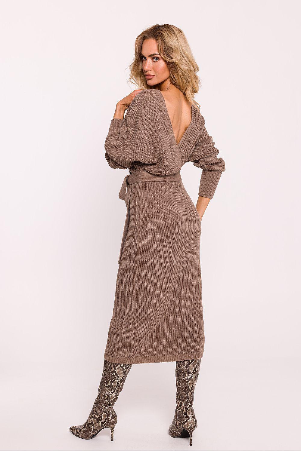 Brown knit daydress with V-neck wrap, long sleeves, and self-tie waist; midi length