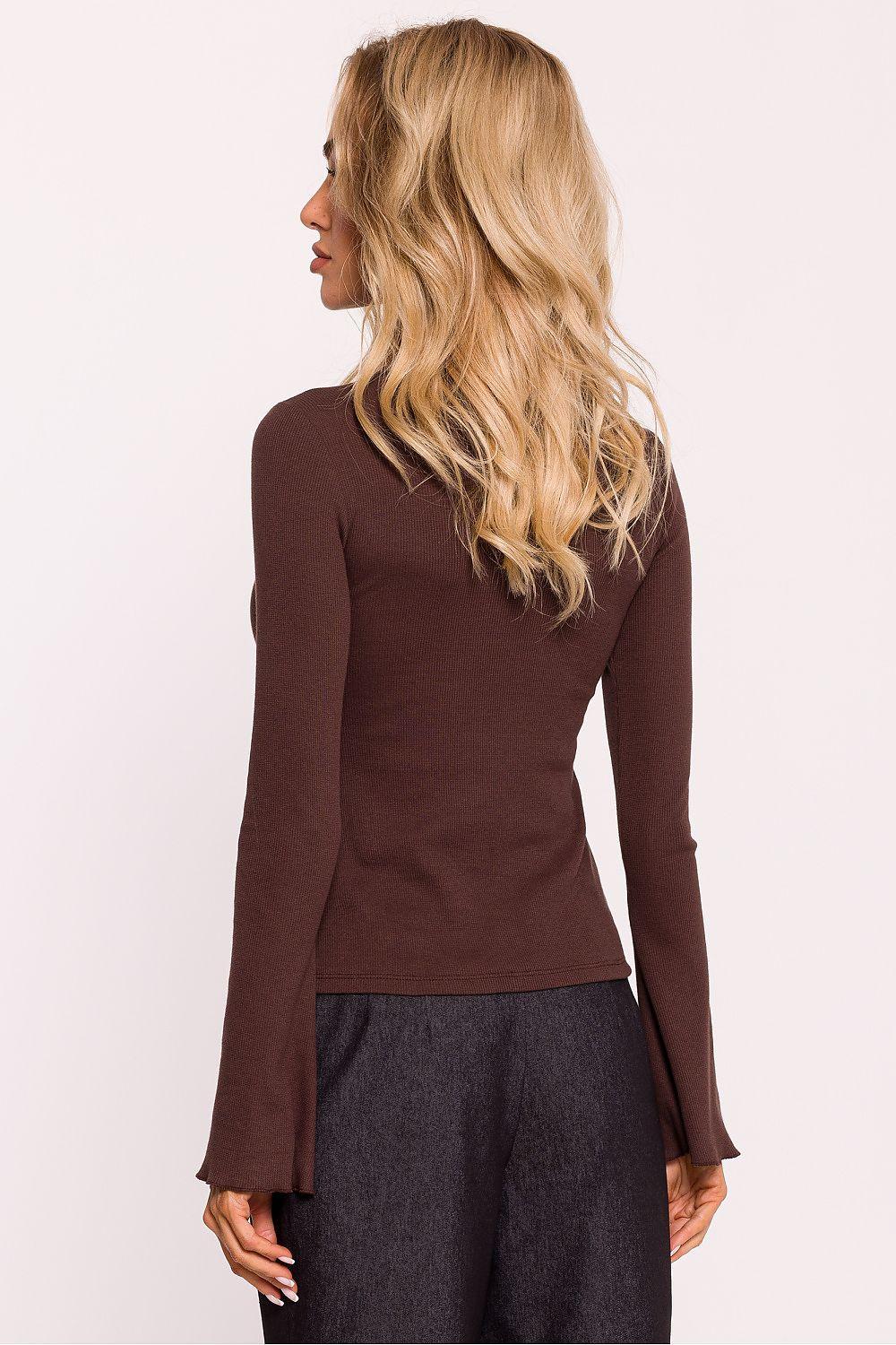Dark brown long-sleeve blouse, crew neck, side view