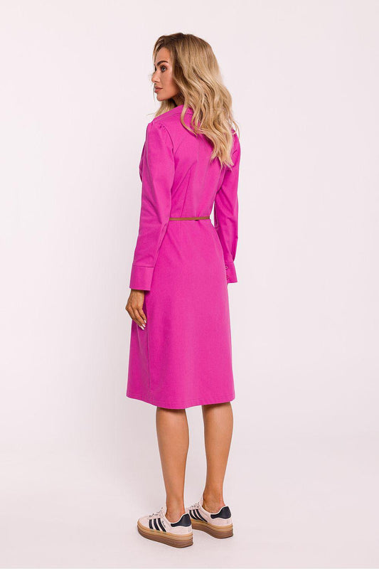 Pink shirt dress with button front, long sleeves, and side waist tie belt