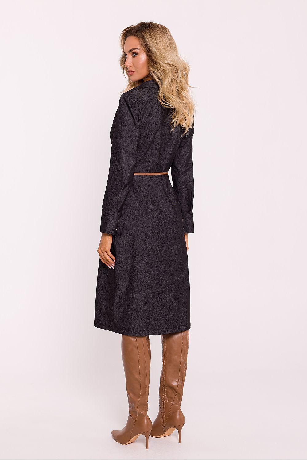 Black long-sleeve daydress with button front, midi length, and waist tie belt.