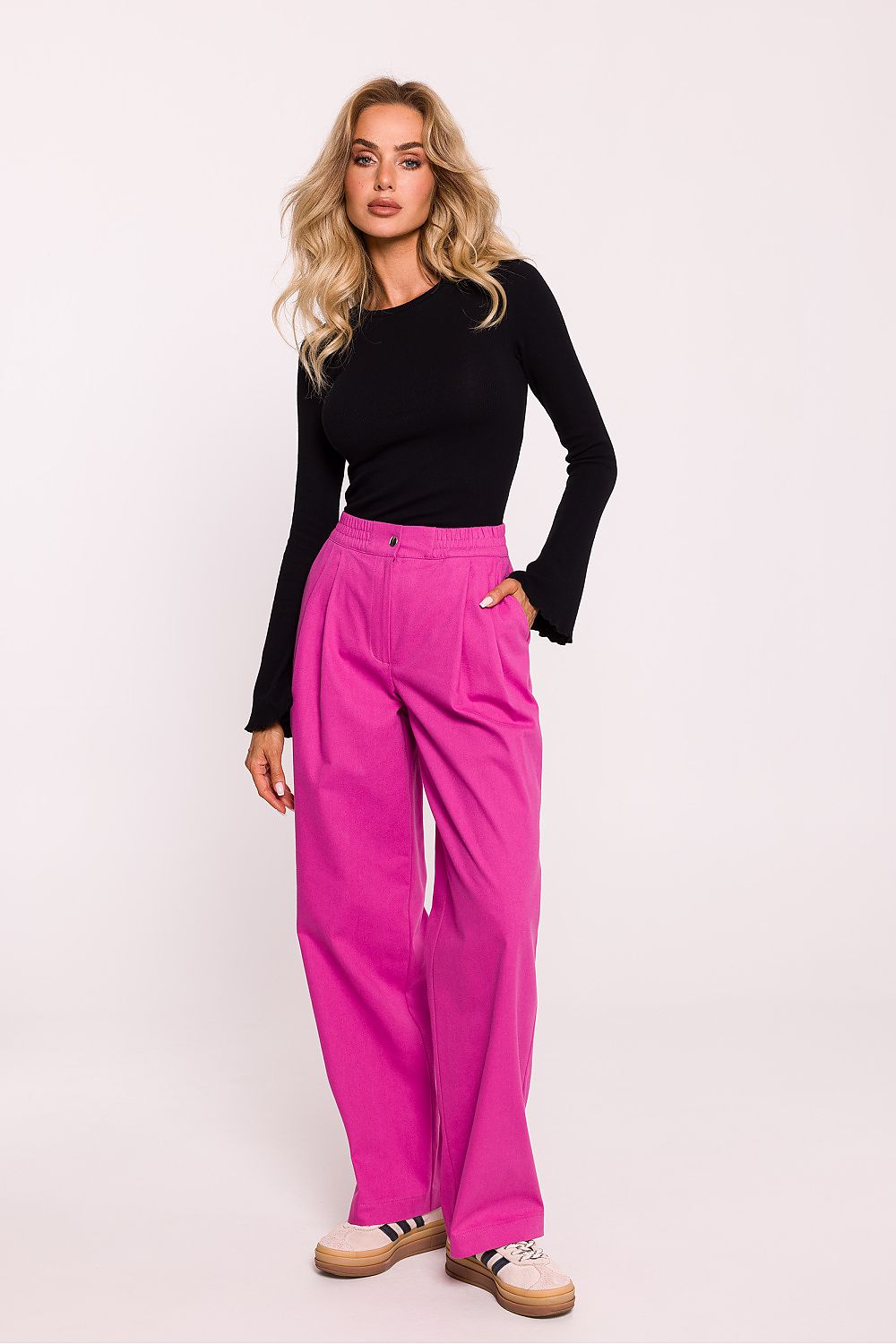 Pink wide-leg cotton trousers with high-rise waistband and pleated front