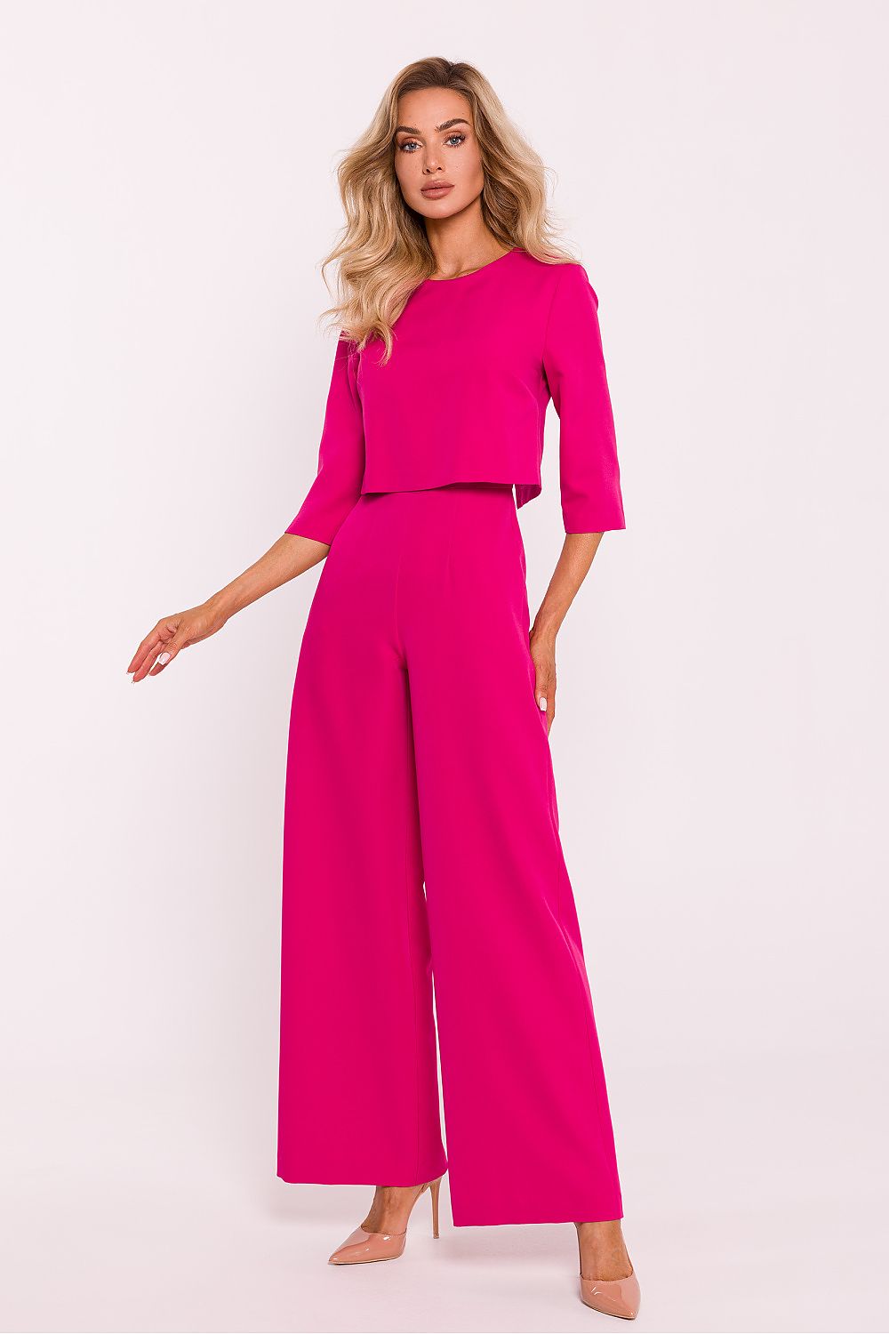 Women’s pink wide-leg jumpsuit with 3/4 sleeves and crew neckline