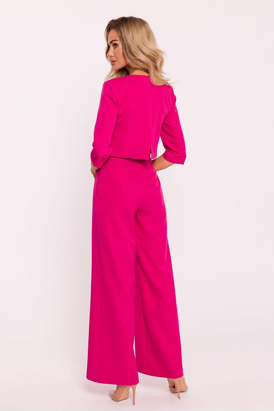Fuchsia two-piece suit with 3/4 sleeve top and wide-leg trousers, back view
