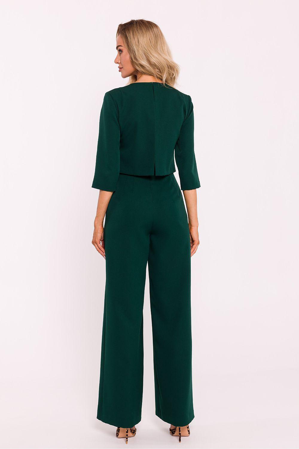 Green two-piece pantsuit, back view with 3/4-sleeve cropped top and wide-leg trousers